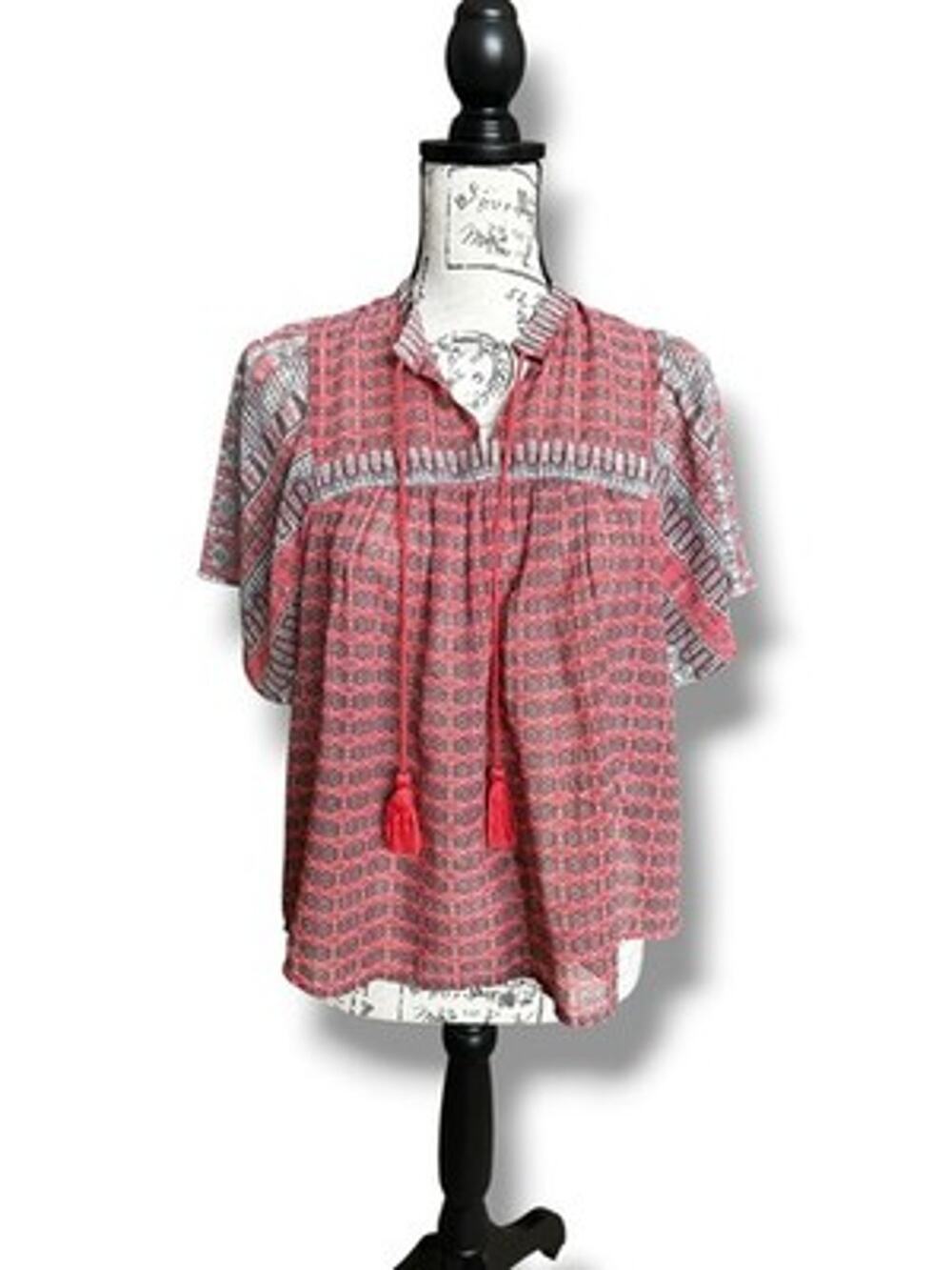 Lucky Brand Chiffon Orange Gray Short Sleeve Sheer Blouse Tasseled Ties Small